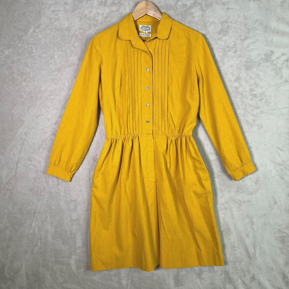 Vntg The Villager Mustard Yellow Pintuck Dress S/M Prairie Cottagecore‎ Teacher